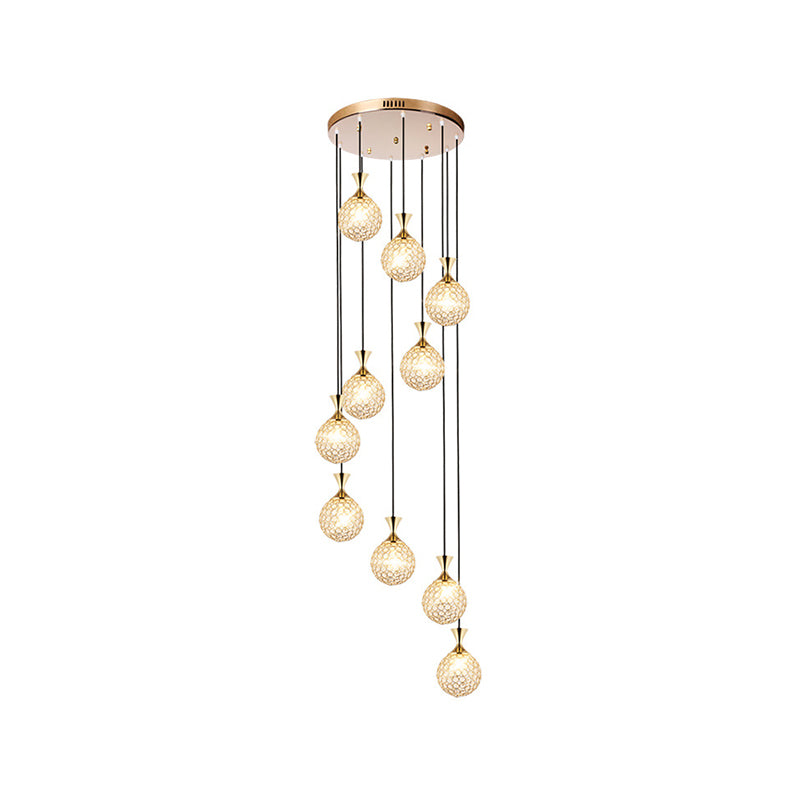 Ball Spiral Cluster Pendant Light Modern Crystal Embedded 10-Light Hanging Lighting Clearhalo 'Ceiling Lights' 'Modern Pendants' 'Modern' 'Pendant Lights' 'Pendants' Lighting' 2025614