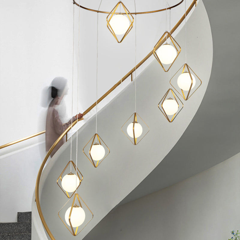 Simple Multi Light Pendant Global Metallic Pendulum Lamp with Opal Glass Shade for Living Room Clearhalo 'Ceiling Lights' 'Modern Pendants' 'Modern' 'Pendant Lights' 'Pendants' Lighting' 2025616