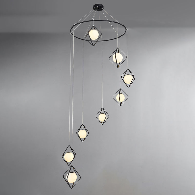Simple Multi Light Pendant Global Metallic Pendulum Lamp with Opal Glass Shade for Living Room 8 Black Round Clearhalo 'Ceiling Lights' 'Modern Pendants' 'Modern' 'Pendant Lights' 'Pendants' Lighting' 2025620