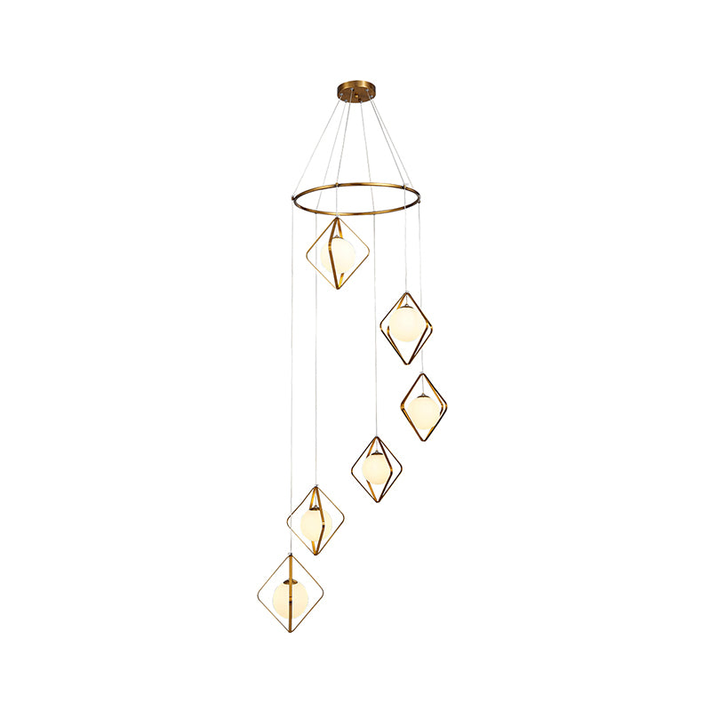 Simple Multi Light Pendant Global Metallic Pendulum Lamp with Opal Glass Shade for Living Room Clearhalo 'Ceiling Lights' 'Modern Pendants' 'Modern' 'Pendant Lights' 'Pendants' Lighting' 2025628
