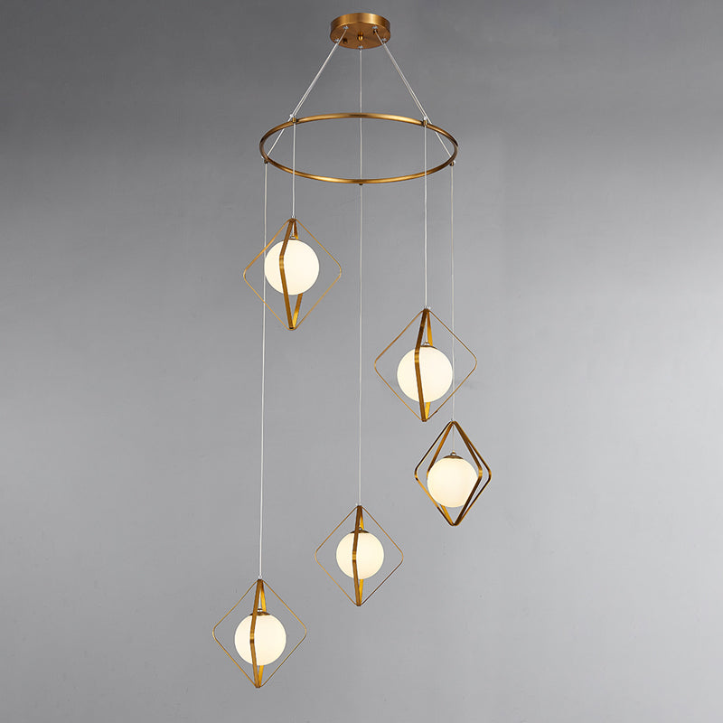 Simple Multi Light Pendant Global Metallic Pendulum Lamp with Opal Glass Shade for Living Room Clearhalo 'Ceiling Lights' 'Modern Pendants' 'Modern' 'Pendant Lights' 'Pendants' Lighting' 2025631