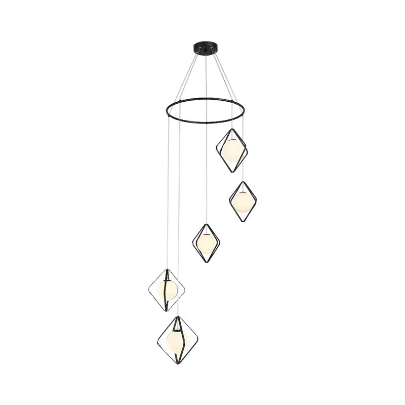 Simple Multi Light Pendant Global Metallic Pendulum Lamp with Opal Glass Shade for Living Room 5 Black Round Clearhalo 'Ceiling Lights' 'Modern Pendants' 'Modern' 'Pendant Lights' 'Pendants' Lighting' 2025633