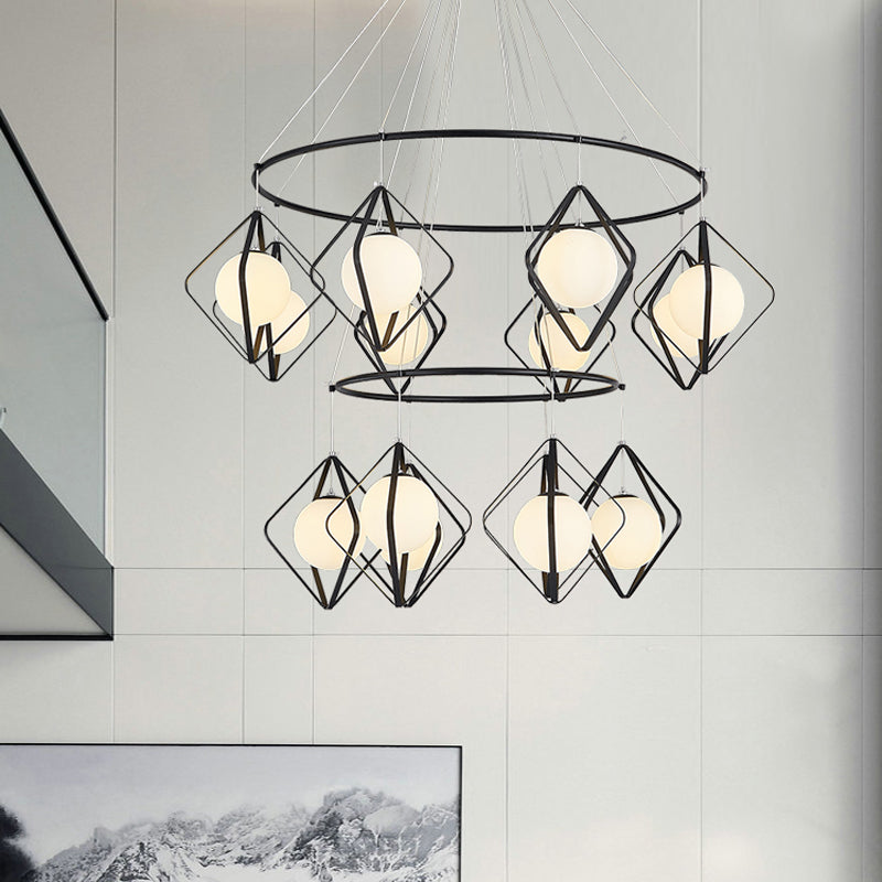 Simple Multi Light Pendant Global Metallic Pendulum Lamp with Opal Glass Shade for Living Room 14 Black Round Clearhalo 'Ceiling Lights' 'Modern Pendants' 'Modern' 'Pendant Lights' 'Pendants' Lighting' 2025635