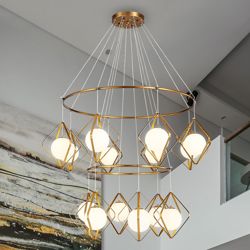 Simple Multi Light Pendant Global Metallic Pendulum Lamp with Opal Glass Shade for Living Room 14 Gold Round Clearhalo 'Ceiling Lights' 'Modern Pendants' 'Modern' 'Pendant Lights' 'Pendants' Lighting' 2025640