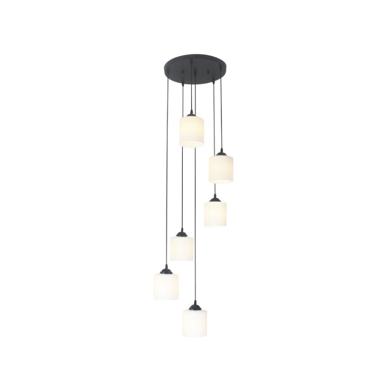 Modernism Cylinder Cluster Pendant Opal Glass Stairs Pendulum Light in Black with Round Canopy Clearhalo 'Ceiling Lights' 'Modern Pendants' 'Modern' 'Pendant Lights' 'Pendants' Lighting' 2025670