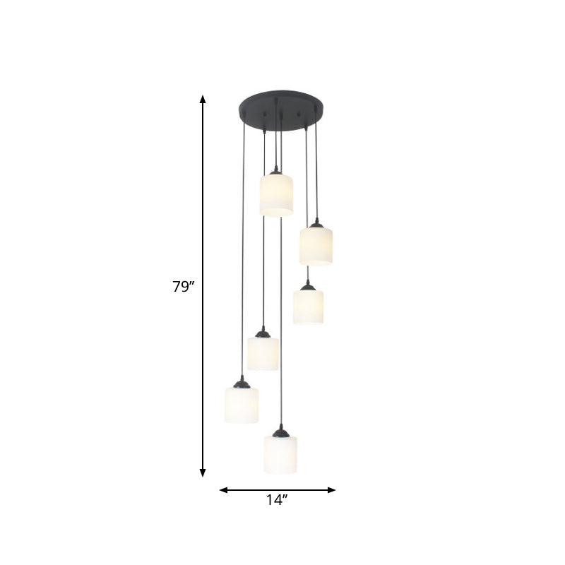 Modernism Cylinder Cluster Pendant Opal Glass Stairs Pendulum Light in Black with Round Canopy Clearhalo 'Ceiling Lights' 'Modern Pendants' 'Modern' 'Pendant Lights' 'Pendants' Lighting' 2025672