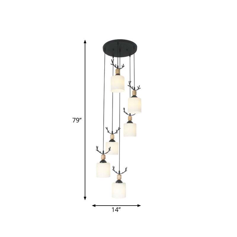 Modernism Cylinder Cluster Pendant Opal Glass Stairs Pendulum Light in Black with Round Canopy Clearhalo 'Ceiling Lights' 'Modern Pendants' 'Modern' 'Pendant Lights' 'Pendants' Lighting' 2025677