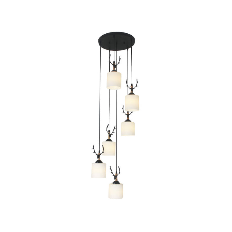 Modernism Cylinder Cluster Pendant Opal Glass Stairs Pendulum Light in Black with Round Canopy Clearhalo 'Ceiling Lights' 'Modern Pendants' 'Modern' 'Pendant Lights' 'Pendants' Lighting' 2025681