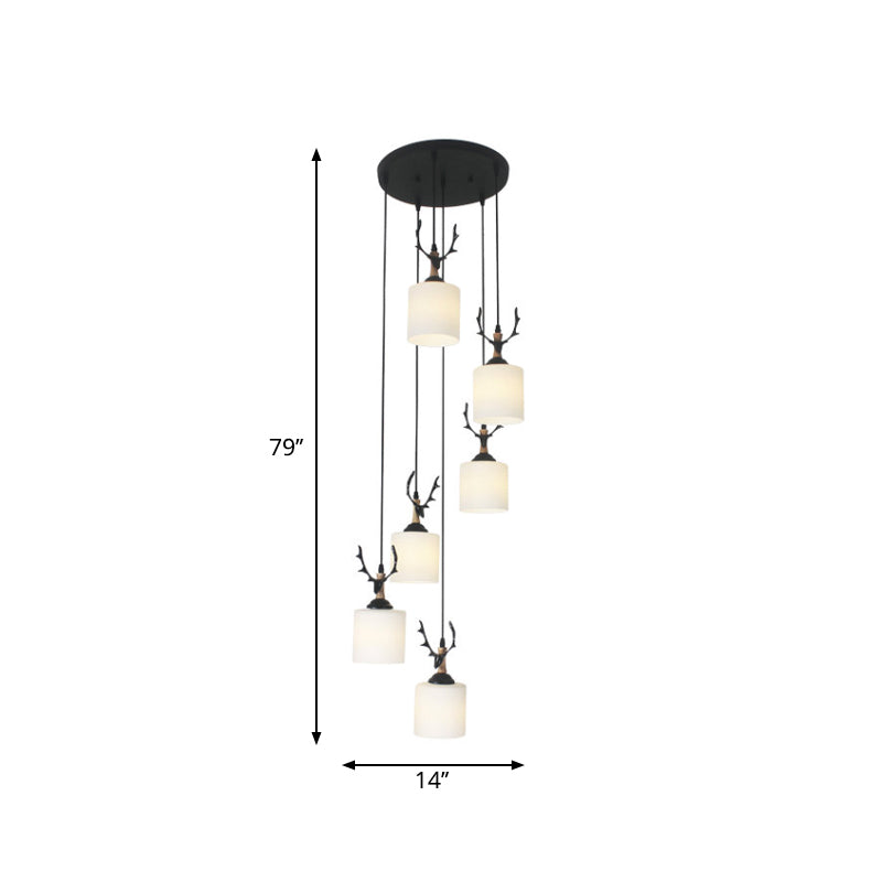 Modernism Cylinder Cluster Pendant Opal Glass Stairs Pendulum Light in Black with Round Canopy Clearhalo 'Ceiling Lights' 'Modern Pendants' 'Modern' 'Pendant Lights' 'Pendants' Lighting' 2025682