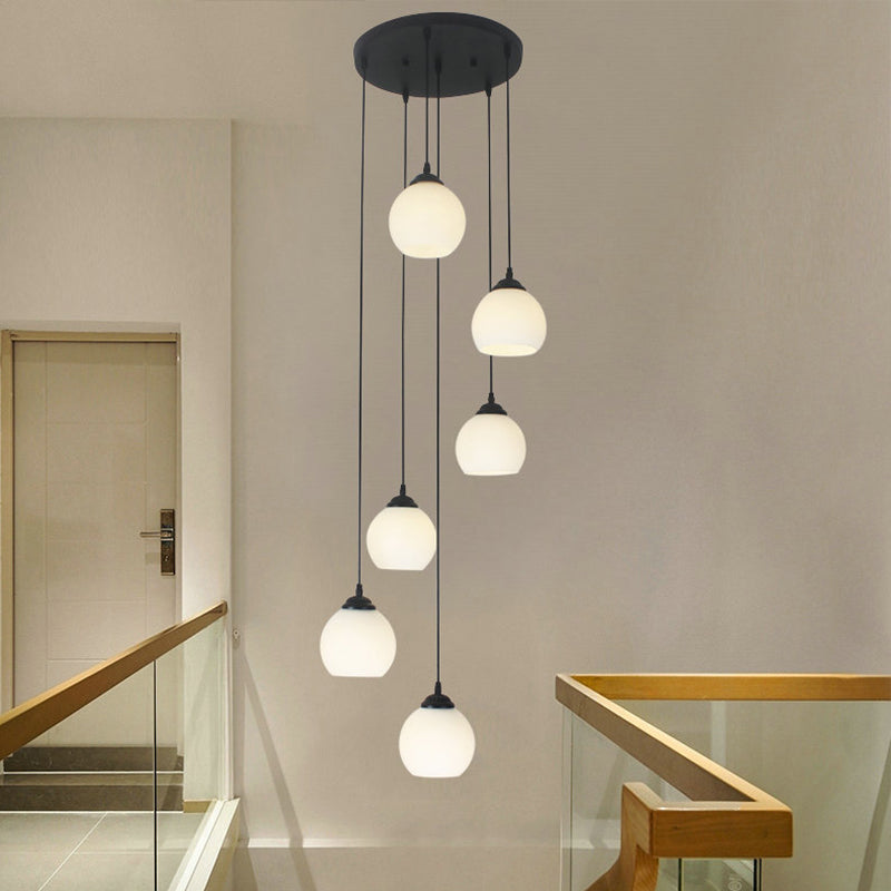 Milky Glass Global Spiral Multi Pendant Simple Hanging Ceiling Light in Black for Stairs 6 White A Clearhalo 'Ceiling Lights' 'Modern Pendants' 'Modern' 'Pendant Lights' 'Pendants' Lighting' 2025689