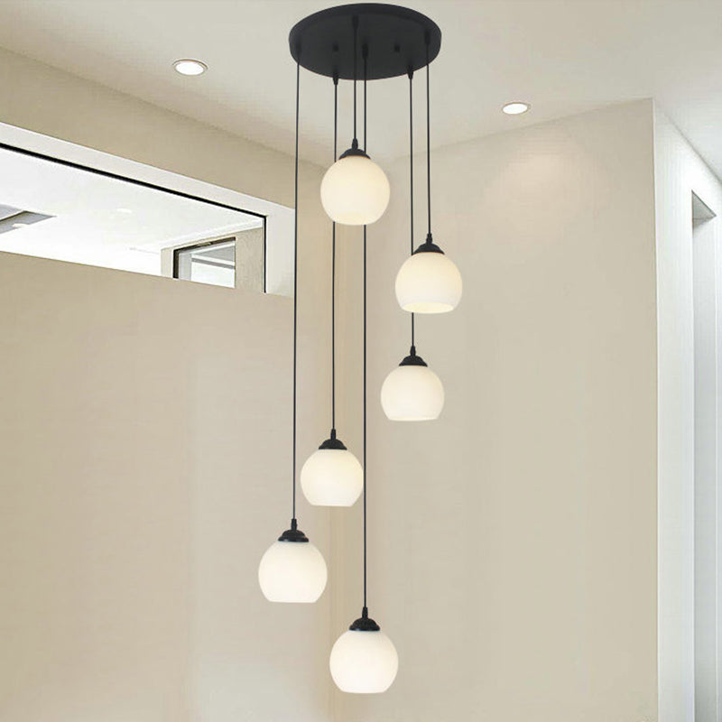 Milky Glass Global Spiral Multi Pendant Simple Hanging Ceiling Light in Black for Stairs Clearhalo 'Ceiling Lights' 'Modern Pendants' 'Modern' 'Pendant Lights' 'Pendants' Lighting' 2025690