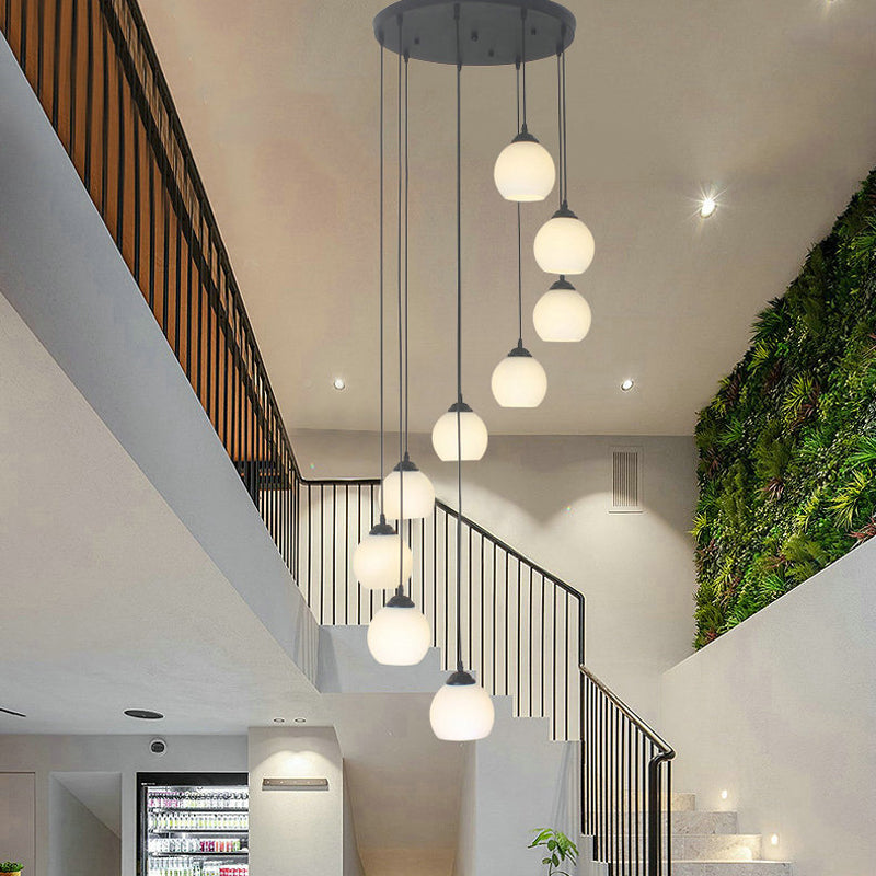 Milky Glass Global Spiral Multi Pendant Simple Hanging Ceiling Light in Black for Stairs Clearhalo 'Ceiling Lights' 'Modern Pendants' 'Modern' 'Pendant Lights' 'Pendants' Lighting' 2025695