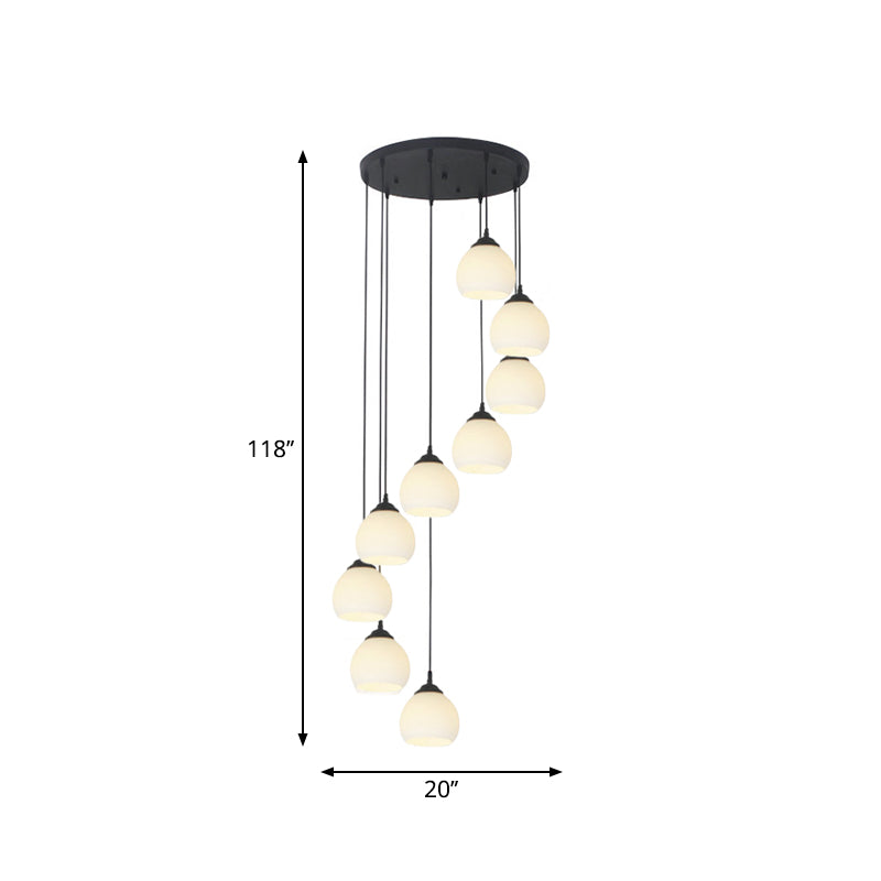 Milky Glass Global Spiral Multi Pendant Simple Hanging Ceiling Light in Black for Stairs Clearhalo 'Ceiling Lights' 'Modern Pendants' 'Modern' 'Pendant Lights' 'Pendants' Lighting' 2025698
