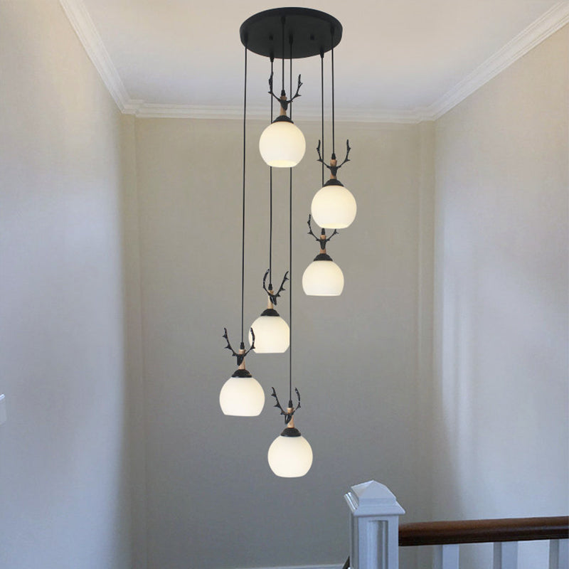 Milky Glass Global Spiral Multi Pendant Simple Hanging Ceiling Light in Black for Stairs 6 White B Clearhalo 'Ceiling Lights' 'Modern Pendants' 'Modern' 'Pendant Lights' 'Pendants' Lighting' 2025699