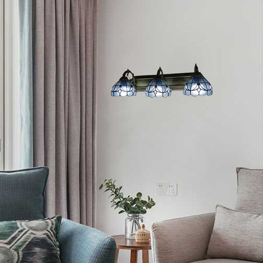 Dome Wall Mount Light with Curved/Arc Arm 3 Lights Stained Glass Vintage Vanity Light for Bathroom Blue Curved Clearhalo 'Industrial' 'Middle century wall lights' 'Tiffany wall lights' 'Tiffany' 'Wall Lamps & Sconces' 'Wall Lights' Lighting' 20256