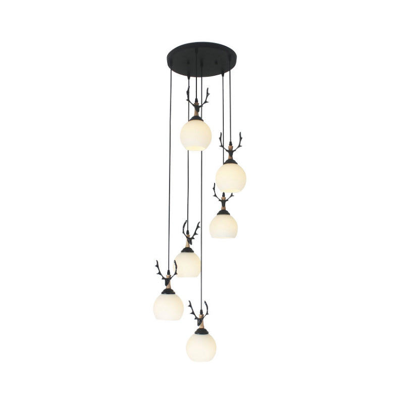 Milky Glass Global Spiral Multi Pendant Simple Hanging Ceiling Light in Black for Stairs Clearhalo 'Ceiling Lights' 'Modern Pendants' 'Modern' 'Pendant Lights' 'Pendants' Lighting' 2025700