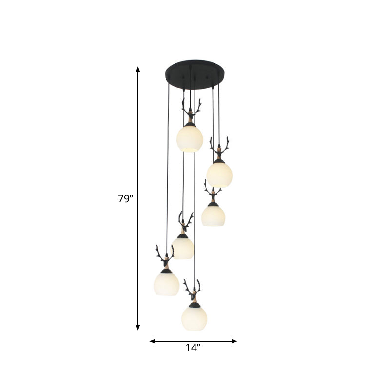 Milky Glass Global Spiral Multi Pendant Simple Hanging Ceiling Light in Black for Stairs Clearhalo 'Ceiling Lights' 'Modern Pendants' 'Modern' 'Pendant Lights' 'Pendants' Lighting' 2025702