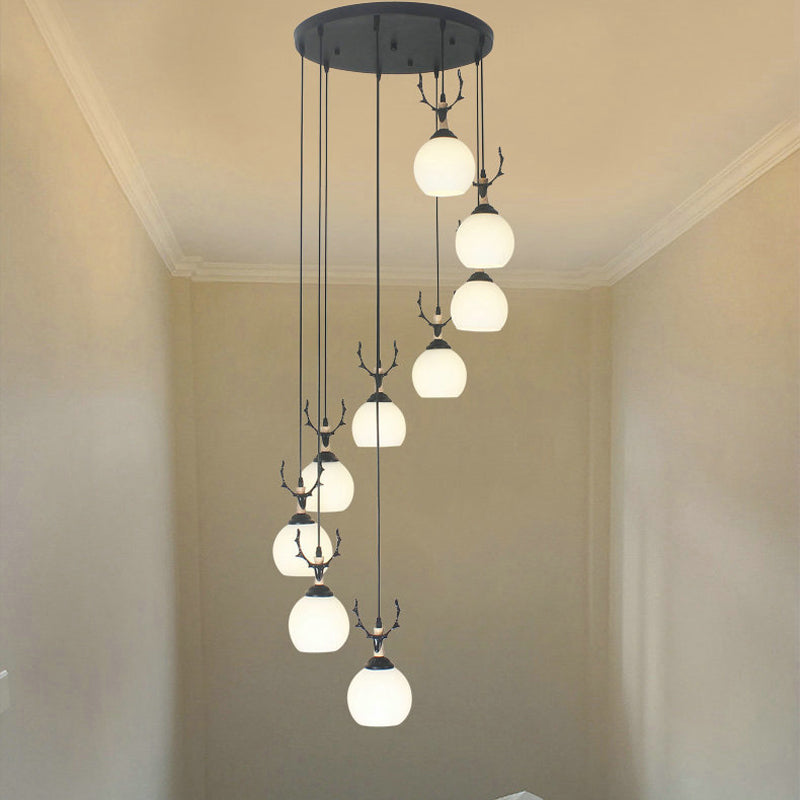 Milky Glass Global Spiral Multi Pendant Simple Hanging Ceiling Light in Black for Stairs 9 White B Clearhalo 'Ceiling Lights' 'Modern Pendants' 'Modern' 'Pendant Lights' 'Pendants' Lighting' 2025703