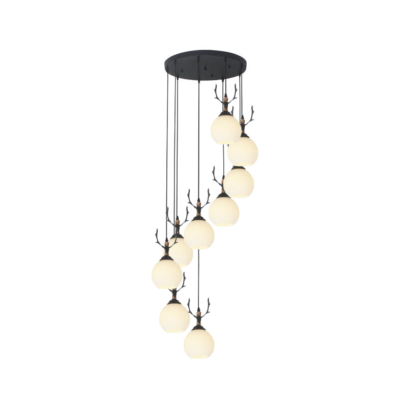 Milky Glass Global Spiral Multi Pendant Simple Hanging Ceiling Light in Black for Stairs Clearhalo 'Ceiling Lights' 'Modern Pendants' 'Modern' 'Pendant Lights' 'Pendants' Lighting' 2025706