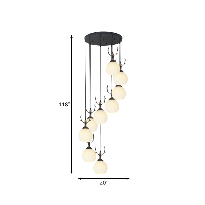 Milky Glass Global Spiral Multi Pendant Simple Hanging Ceiling Light in Black for Stairs Clearhalo 'Ceiling Lights' 'Modern Pendants' 'Modern' 'Pendant Lights' 'Pendants' Lighting' 2025707