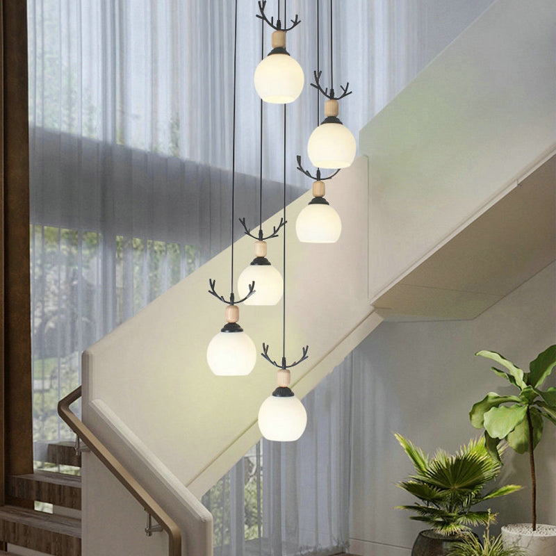 Milky Glass Global Spiral Multi Pendant Simple Hanging Ceiling Light in Black for Stairs 6 White C Clearhalo 'Ceiling Lights' 'Modern Pendants' 'Modern' 'Pendant Lights' 'Pendants' Lighting' 2025708