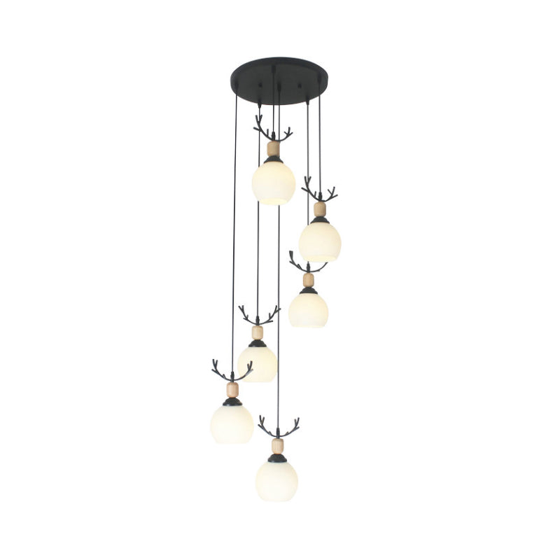 Milky Glass Global Spiral Multi Pendant Simple Hanging Ceiling Light in Black for Stairs Clearhalo 'Ceiling Lights' 'Modern Pendants' 'Modern' 'Pendant Lights' 'Pendants' Lighting' 2025709