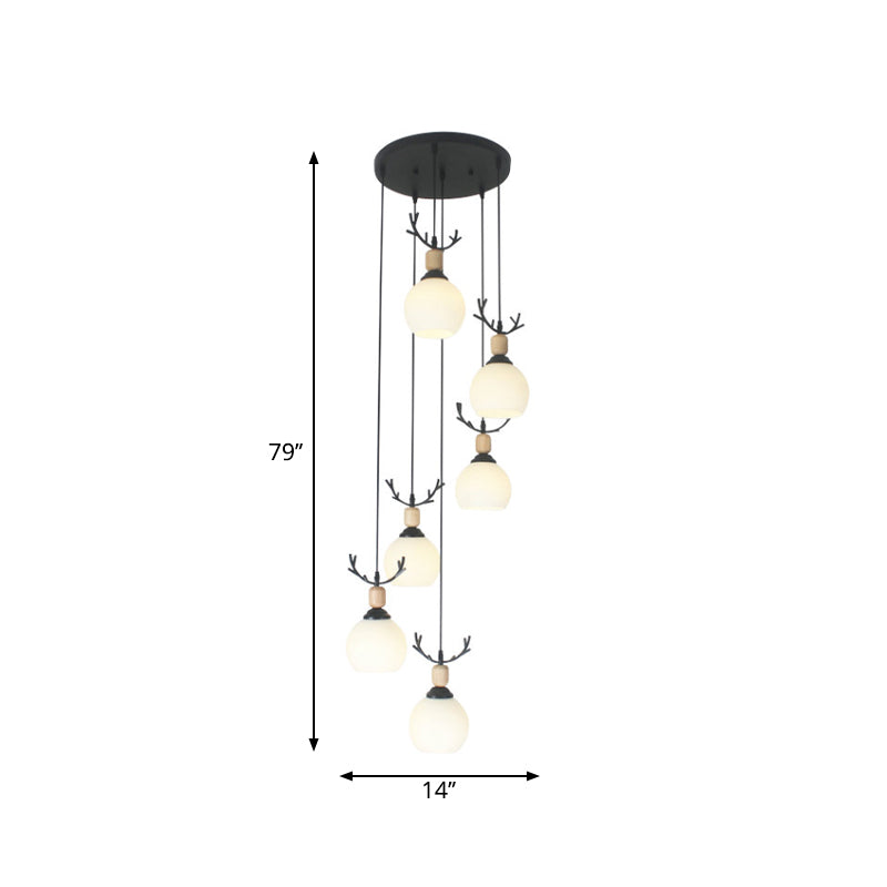 Milky Glass Global Spiral Multi Pendant Simple Hanging Ceiling Light in Black for Stairs Clearhalo 'Ceiling Lights' 'Modern Pendants' 'Modern' 'Pendant Lights' 'Pendants' Lighting' 2025710