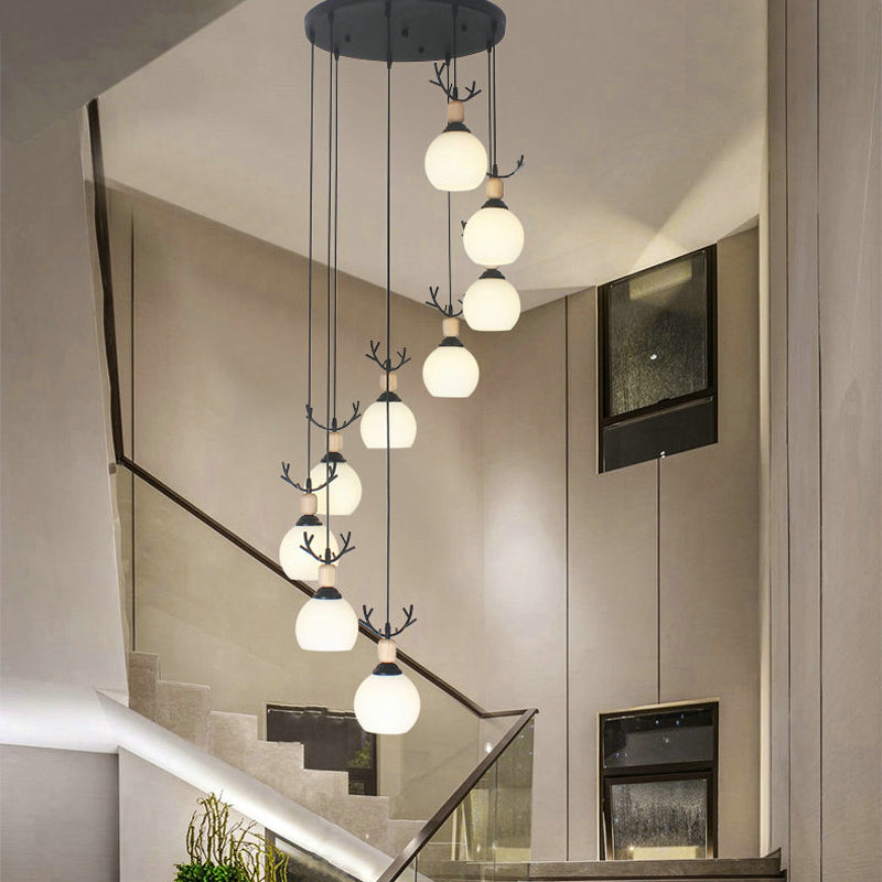 Milky Glass Global Spiral Multi Pendant Simple Hanging Ceiling Light in Black for Stairs 9 White C Clearhalo 'Ceiling Lights' 'Modern Pendants' 'Modern' 'Pendant Lights' 'Pendants' Lighting' 2025711