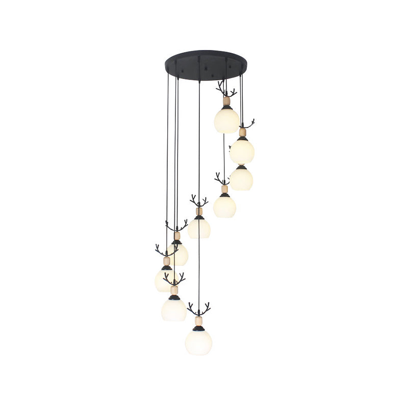 Milky Glass Global Spiral Multi Pendant Simple Hanging Ceiling Light in Black for Stairs Clearhalo 'Ceiling Lights' 'Modern Pendants' 'Modern' 'Pendant Lights' 'Pendants' Lighting' 2025712