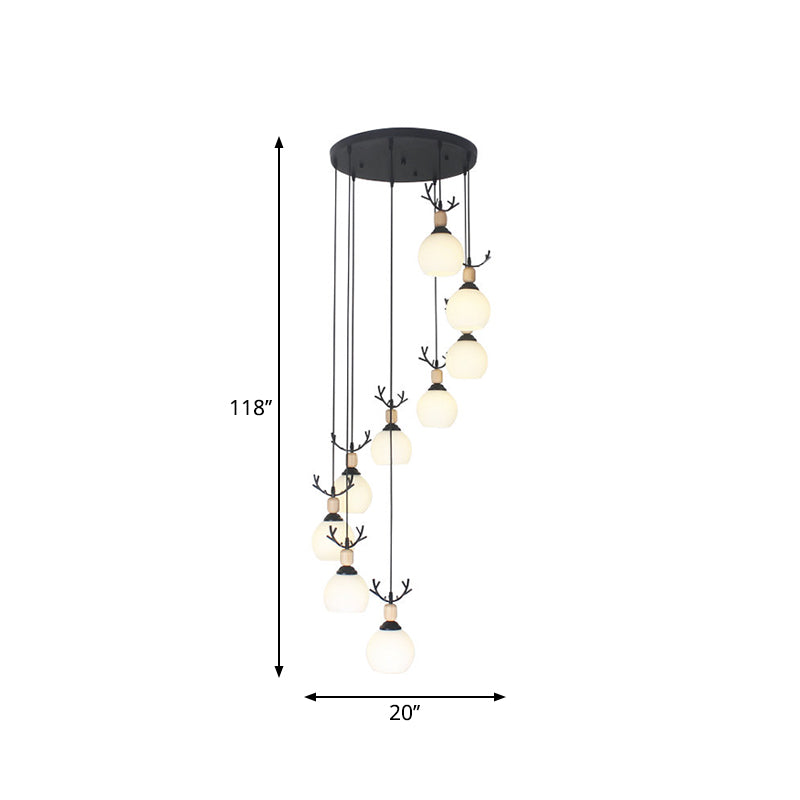 Milky Glass Global Spiral Multi Pendant Simple Hanging Ceiling Light in Black for Stairs Clearhalo 'Ceiling Lights' 'Modern Pendants' 'Modern' 'Pendant Lights' 'Pendants' Lighting' 2025714