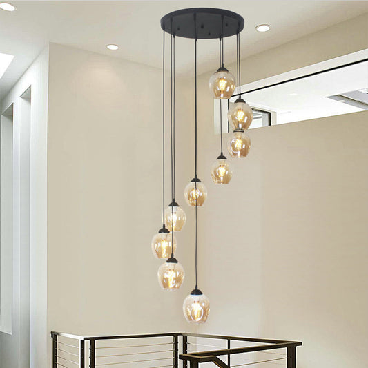 9 Heads Corridor Multi Light Pendant Modern Black Ceiling Lamp with Cup Dimpled Glass Shade 9 Cognac A Clearhalo 'Ceiling Lights' 'Modern Pendants' 'Modern' 'Pendant Lights' 'Pendants' Lighting' 2025744