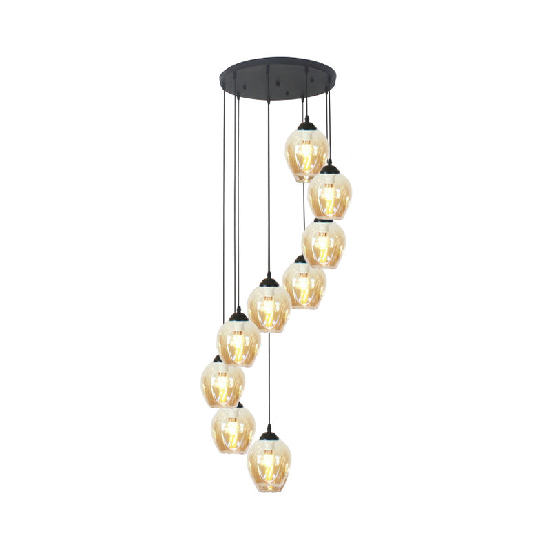 9 Heads Corridor Multi Light Pendant Modern Black Ceiling Lamp with Cup Dimpled Glass Shade Clearhalo 'Ceiling Lights' 'Modern Pendants' 'Modern' 'Pendant Lights' 'Pendants' Lighting' 2025745