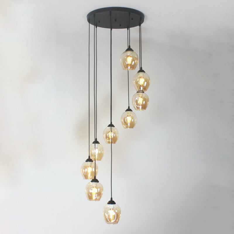 9 Heads Corridor Multi Light Pendant Modern Black Ceiling Lamp with Cup Dimpled Glass Shade Clearhalo 'Ceiling Lights' 'Modern Pendants' 'Modern' 'Pendant Lights' 'Pendants' Lighting' 2025746