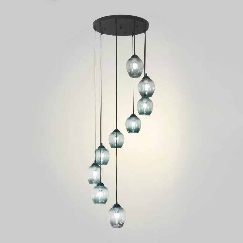9 Heads Corridor Multi Light Pendant Modern Black Ceiling Lamp with Cup Dimpled Glass Shade 9 Blue A Clearhalo 'Ceiling Lights' 'Modern Pendants' 'Modern' 'Pendant Lights' 'Pendants' Lighting' 2025748