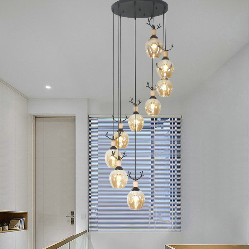 9 Heads Corridor Multi Light Pendant Modern Black Ceiling Lamp with Cup Dimpled Glass Shade 9 Cognac B Clearhalo 'Ceiling Lights' 'Modern Pendants' 'Modern' 'Pendant Lights' 'Pendants' Lighting' 2025749