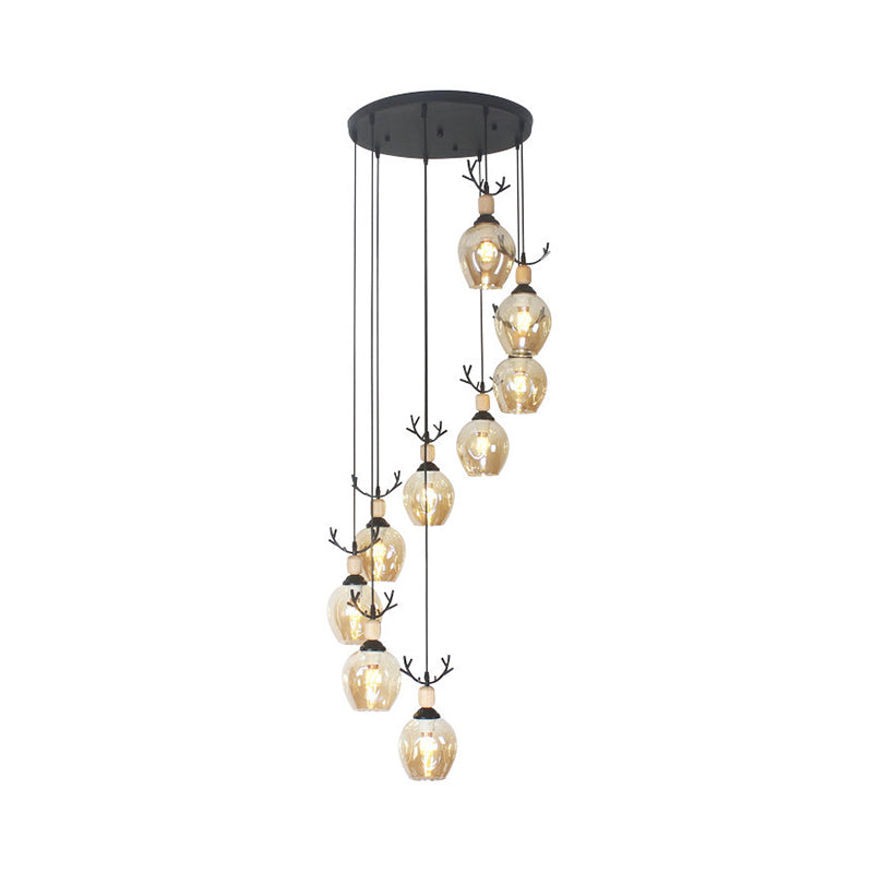 9 Heads Corridor Multi Light Pendant Modern Black Ceiling Lamp with Cup Dimpled Glass Shade Clearhalo 'Ceiling Lights' 'Modern Pendants' 'Modern' 'Pendant Lights' 'Pendants' Lighting' 2025750