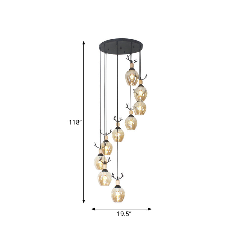 9 Heads Corridor Multi Light Pendant Modern Black Ceiling Lamp with Cup Dimpled Glass Shade Clearhalo 'Ceiling Lights' 'Modern Pendants' 'Modern' 'Pendant Lights' 'Pendants' Lighting' 2025752