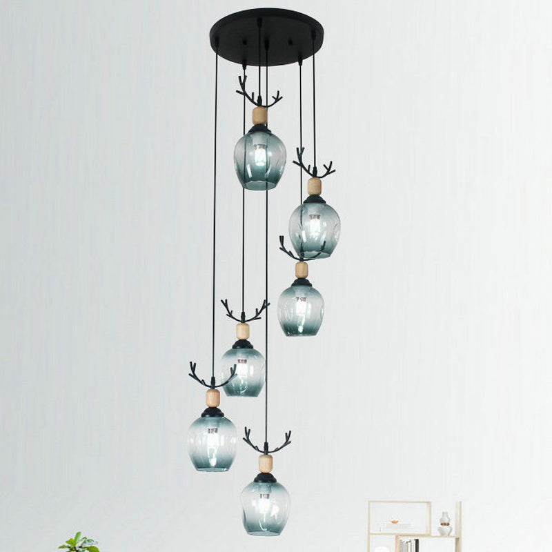 9 Heads Corridor Multi Light Pendant Modern Black Ceiling Lamp with Cup Dimpled Glass Shade 9 Blue B Clearhalo 'Ceiling Lights' 'Modern Pendants' 'Modern' 'Pendant Lights' 'Pendants' Lighting' 2025753