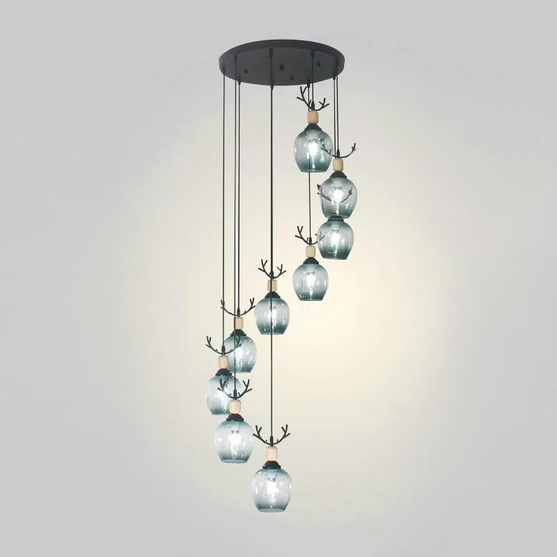9 Heads Corridor Multi Light Pendant Modern Black Ceiling Lamp with Cup Dimpled Glass Shade Clearhalo 'Ceiling Lights' 'Modern Pendants' 'Modern' 'Pendant Lights' 'Pendants' Lighting' 2025754