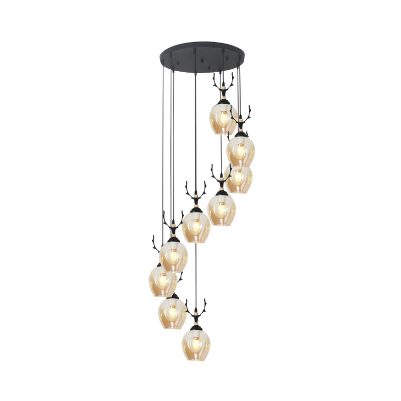 9 Heads Corridor Multi Light Pendant Modern Black Ceiling Lamp with Cup Dimpled Glass Shade Clearhalo 'Ceiling Lights' 'Modern Pendants' 'Modern' 'Pendant Lights' 'Pendants' Lighting' 2025756