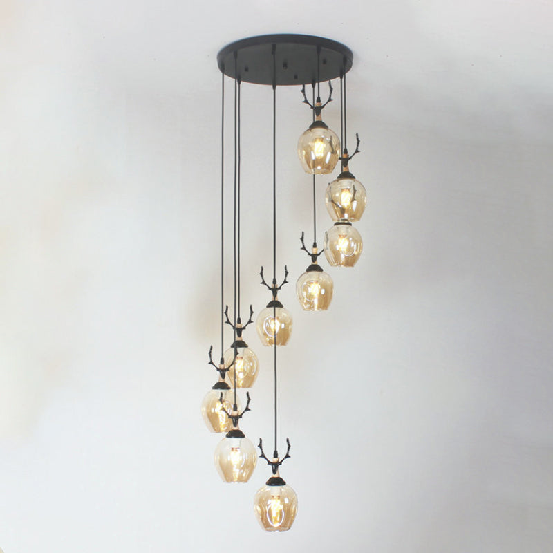 9 Heads Corridor Multi Light Pendant Modern Black Ceiling Lamp with Cup Dimpled Glass Shade Clearhalo 'Ceiling Lights' 'Modern Pendants' 'Modern' 'Pendant Lights' 'Pendants' Lighting' 2025757