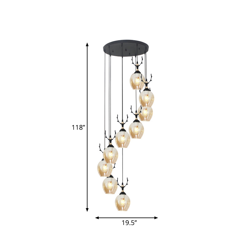 9 Heads Corridor Multi Light Pendant Modern Black Ceiling Lamp with Cup Dimpled Glass Shade Clearhalo 'Ceiling Lights' 'Modern Pendants' 'Modern' 'Pendant Lights' 'Pendants' Lighting' 2025758