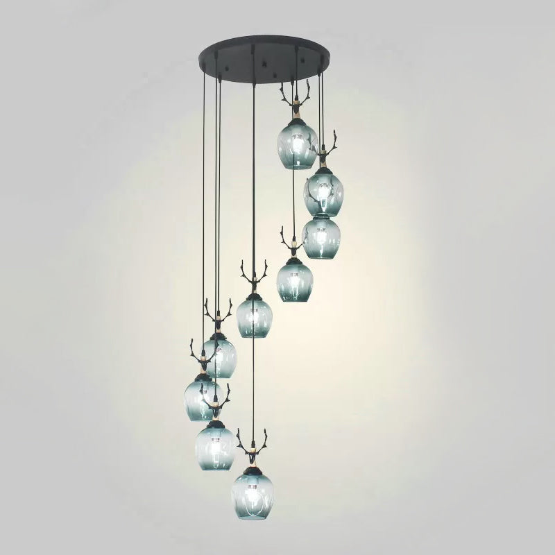 9 Heads Corridor Multi Light Pendant Modern Black Ceiling Lamp with Cup Dimpled Glass Shade 9 Blue C Clearhalo 'Ceiling Lights' 'Modern Pendants' 'Modern' 'Pendant Lights' 'Pendants' Lighting' 2025759