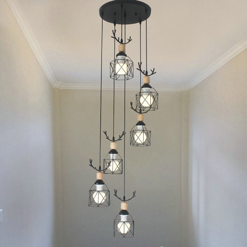 Hexagon Cage Metal Multiple Hanging Light Modernist Black Pendant Lamp with Spiral Design 6 Black B Clearhalo 'Ceiling Lights' 'Modern Pendants' 'Modern' 'Pendant Lights' 'Pendants' Lighting' 2025760