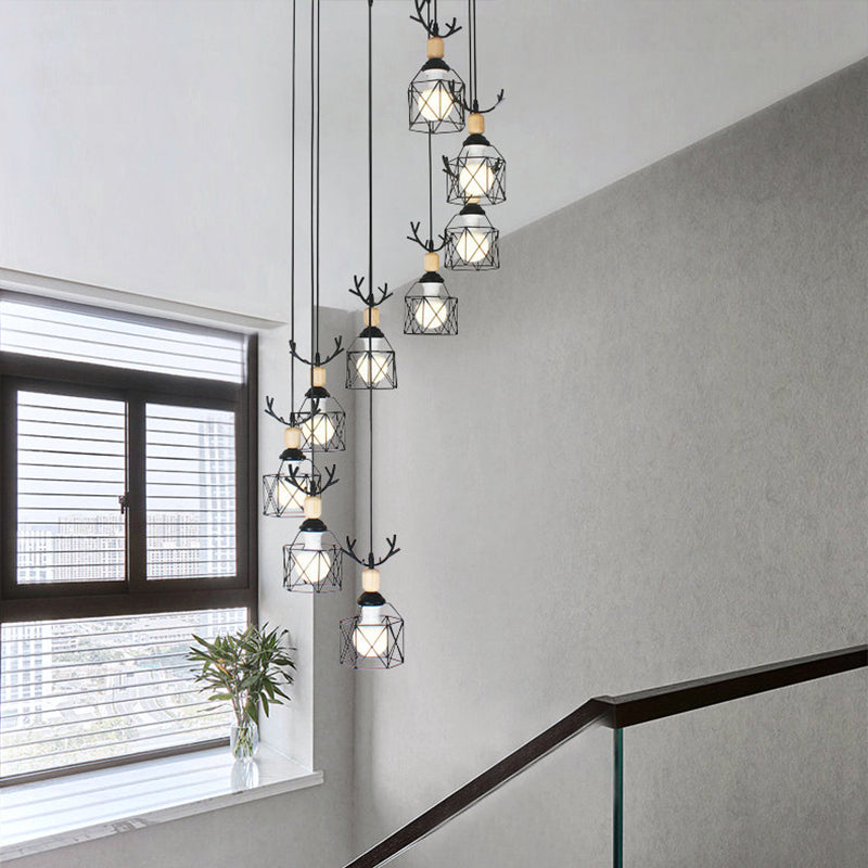 Hexagon Cage Metal Multiple Hanging Light Modernist Black Pendant Lamp with Spiral Design 9 Black B Clearhalo 'Ceiling Lights' 'Modern Pendants' 'Modern' 'Pendant Lights' 'Pendants' Lighting' 2025765