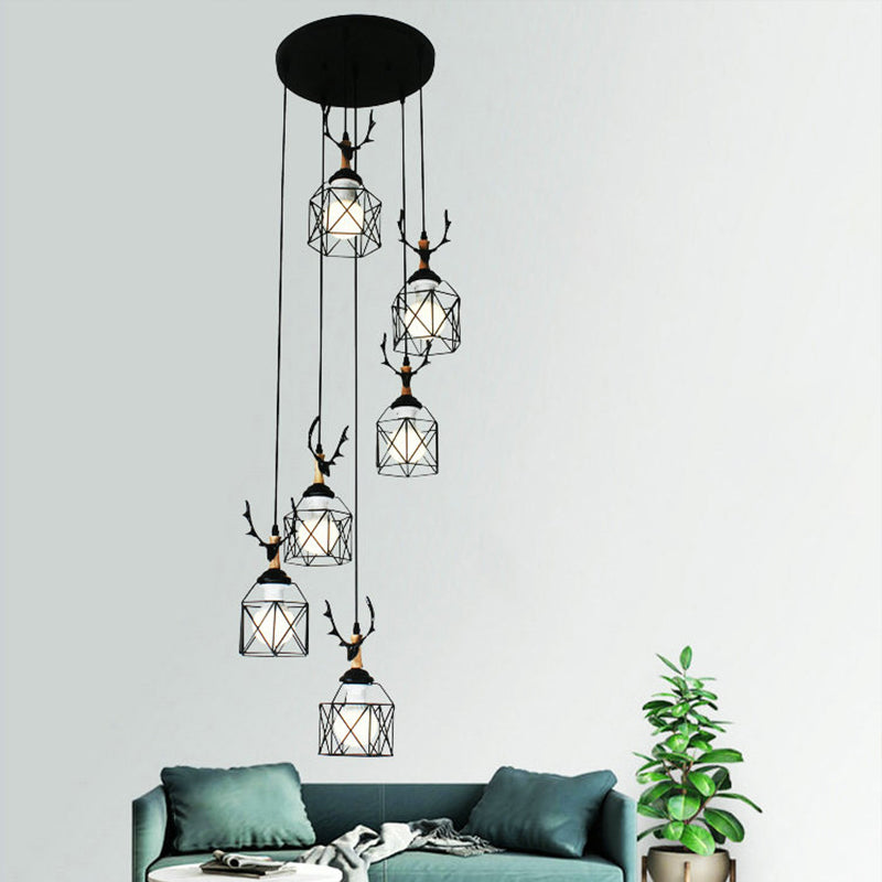 Hexagon Cage Metal Multiple Hanging Light Modernist Black Pendant Lamp with Spiral Design 6 Black C Clearhalo 'Ceiling Lights' 'Modern Pendants' 'Modern' 'Pendant Lights' 'Pendants' Lighting' 2025770