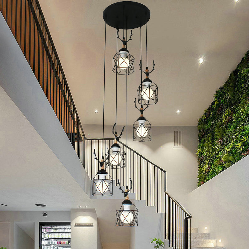 Hexagon Cage Metal Multiple Hanging Light Modernist Black Pendant Lamp with Spiral Design Clearhalo 'Ceiling Lights' 'Modern Pendants' 'Modern' 'Pendant Lights' 'Pendants' Lighting' 2025772