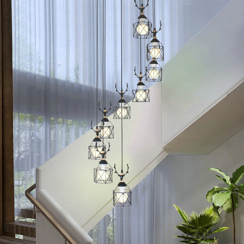 Hexagon Cage Metal Multiple Hanging Light Modernist Black Pendant Lamp with Spiral Design 9 Black C Clearhalo 'Ceiling Lights' 'Modern Pendants' 'Modern' 'Pendant Lights' 'Pendants' Lighting' 2025775