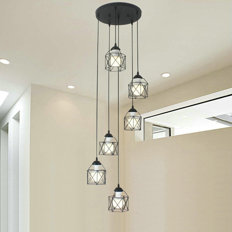 Hexagon Cage Metal Multiple Hanging Light Modernist Black Pendant Lamp with Spiral Design 6 Black A Clearhalo 'Ceiling Lights' 'Modern Pendants' 'Modern' 'Pendant Lights' 'Pendants' Lighting' 2025779
