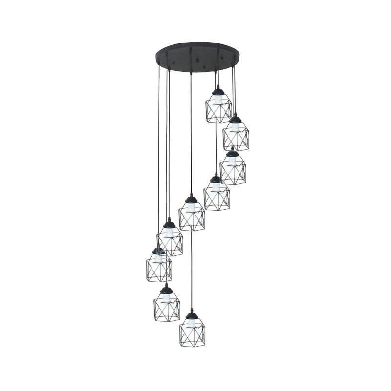 Hexagon Cage Metal Multiple Hanging Light Modernist Black Pendant Lamp with Spiral Design 9 Black A Clearhalo 'Ceiling Lights' 'Modern Pendants' 'Modern' 'Pendant Lights' 'Pendants' Lighting' 2025783